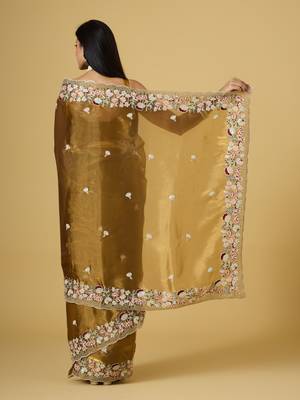 gold color smart tissue fabric sequins work smart bollywood saree 2