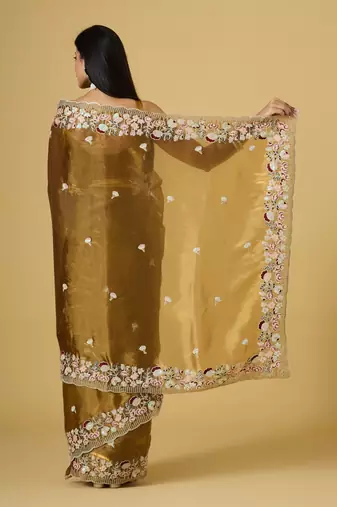 gold color smart tissue fabric sequins work smart bollywood saree