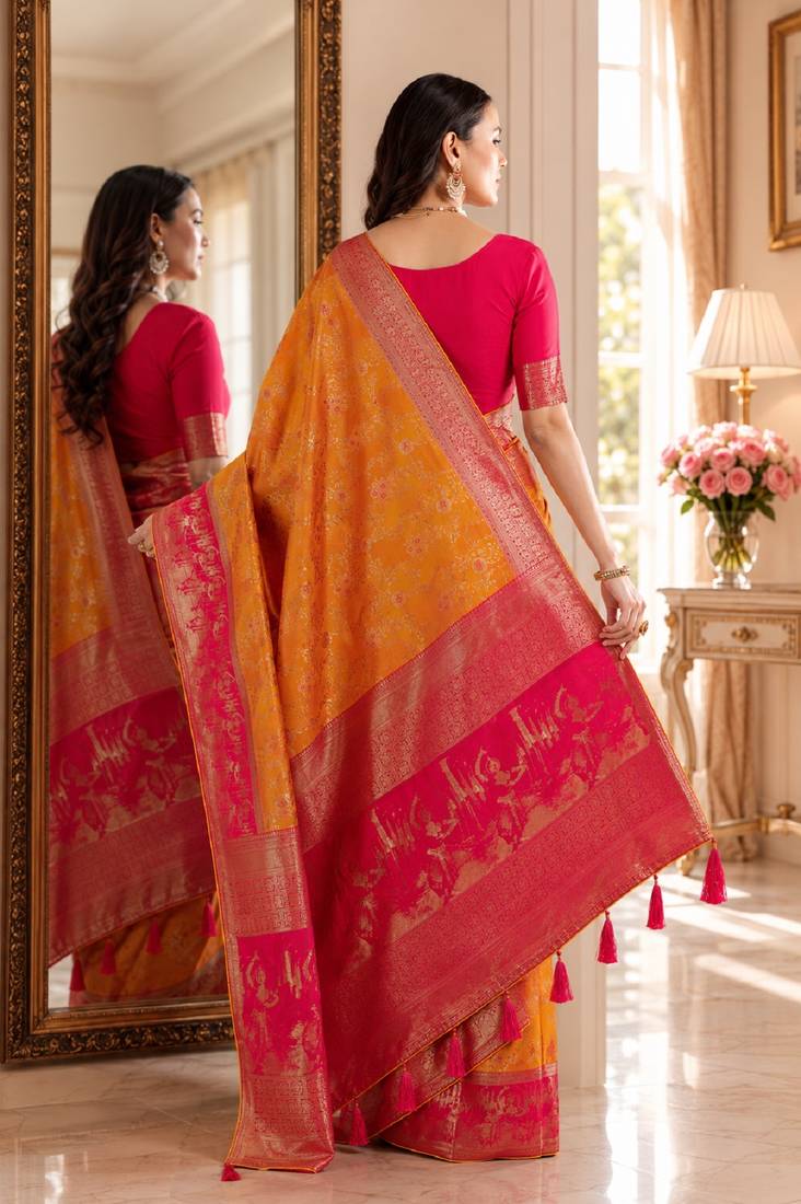 Masturd yellow soft silk blend banarasi jacuard work festive saree with unstitched blouse piece