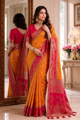 Masturd yellow soft silk blend banarasi jacuard work festive saree with unstitched blouse piece 4