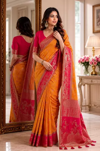 Masturd yellow soft silk blend banarasi jacuard work festive saree with unstitched blouse piece
