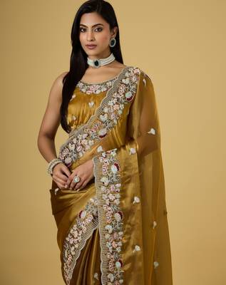 gold color smart tissue fabric sequins work smart bollywood saree 3