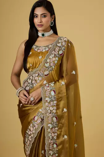 gold color smart tissue fabric sequins work smart bollywood saree