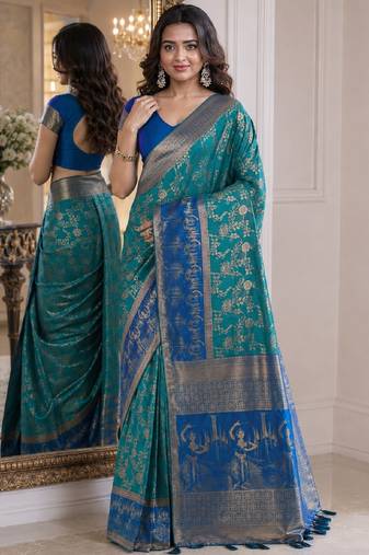 Rama soft silk blend banarasi jacuard work festive saree with unstitched blouse piece