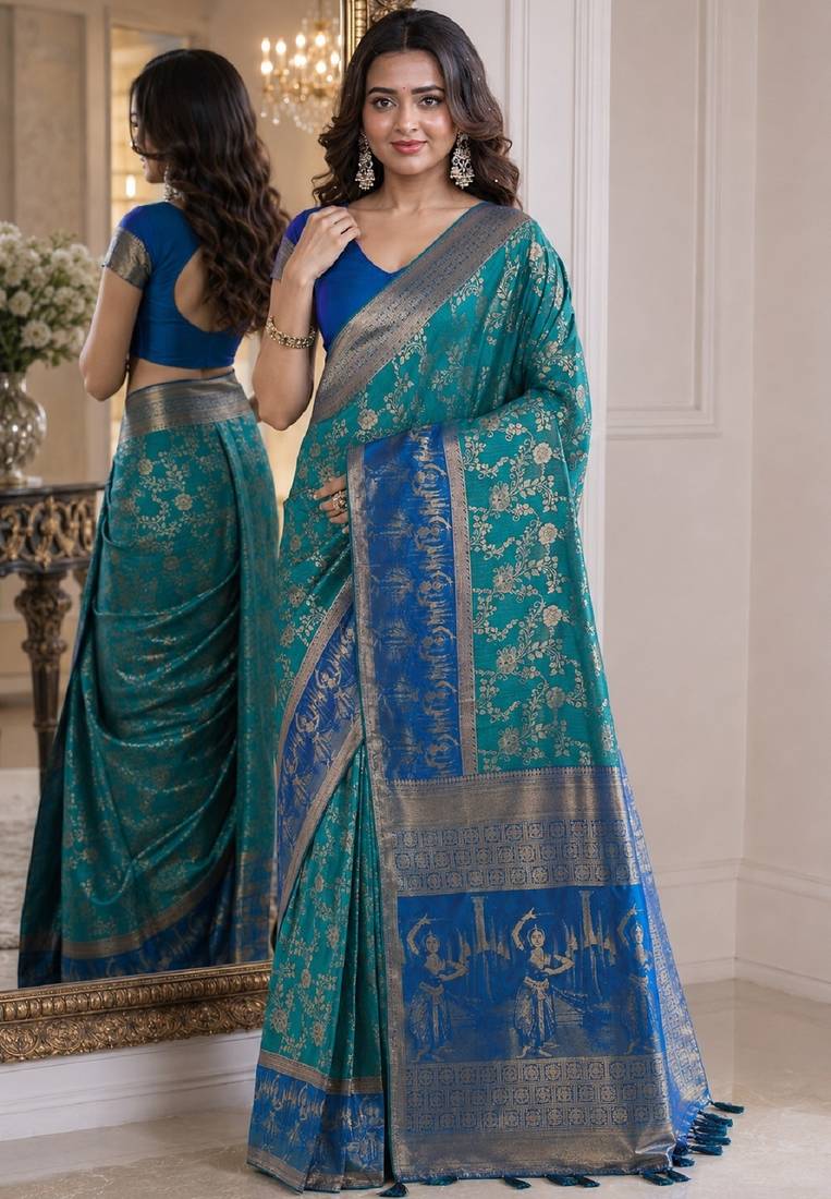 Rama soft silk blend banarasi jacuard work festive saree with unstitched blouse piece