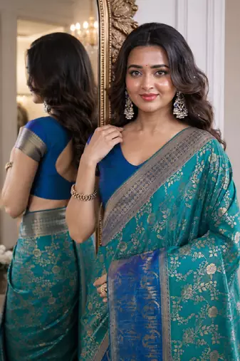 Rama soft silk blend banarasi jacuard work festive saree with unstitched blouse piece