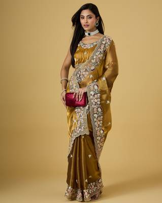 gold color smart tissue fabric sequins work smart bollywood saree 4