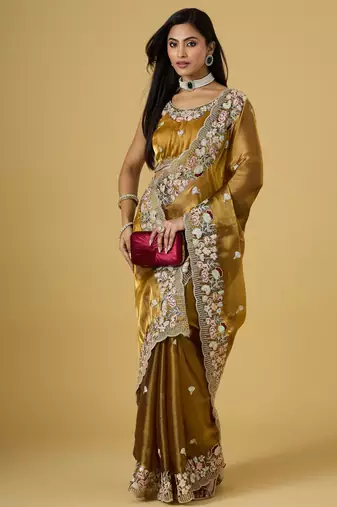 gold color smart tissue fabric sequins work smart bollywood saree