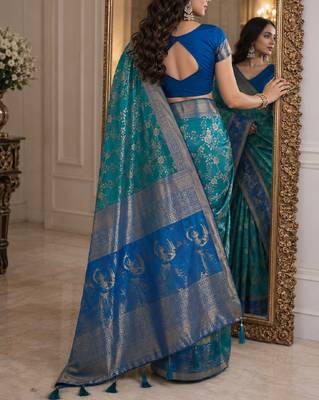 Rama soft silk blend banarasi jacuard work festive saree with unstitched blouse piece 3