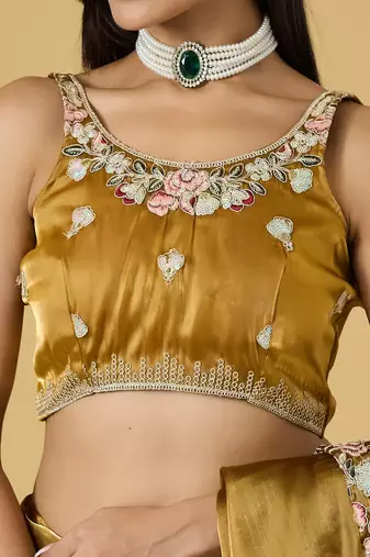 gold color smart tissue fabric sequins work smart bollywood saree