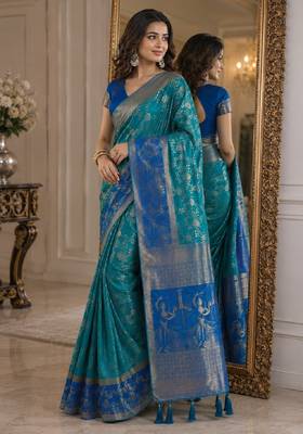 Rama soft silk blend banarasi jacuard work festive saree with unstitched blouse piece 4