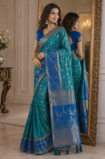 Rama soft silk blend banarasi jacuard work festive saree with unstitched blouse piece