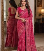 Pink soft silk blend banarasi jacuard work festive saree with unstitched blouse piece