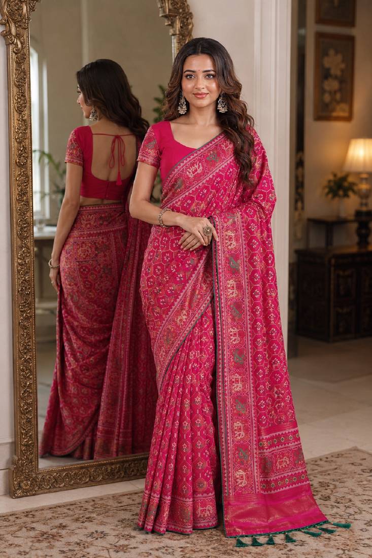 Pink soft silk blend banarasi jacuard work festive saree with unstitched blouse piece