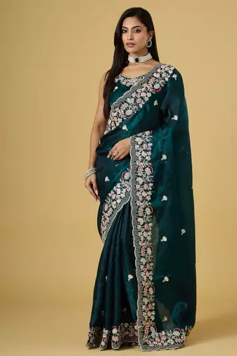 teal color smart tissue fabric sequins work smart bollywood saree