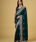 teal color smart tissue fabric sequins work smart bollywood saree