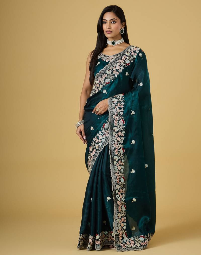 teal color smart tissue fabric sequins work smart bollywood saree