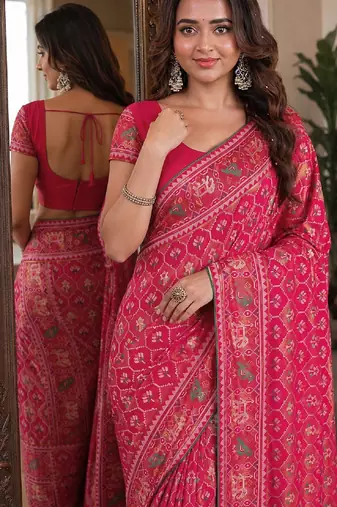 Pink soft silk blend banarasi jacuard work festive saree with unstitched blouse piece