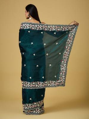 teal color smart tissue fabric sequins work smart bollywood saree 2