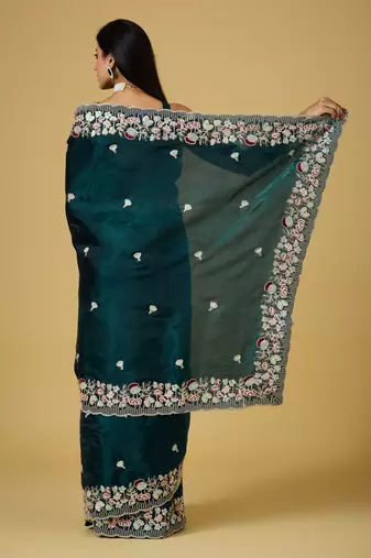 teal color smart tissue fabric sequins work smart bollywood saree