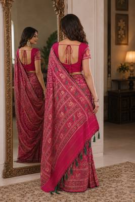 Pink soft silk blend banarasi jacuard work festive saree with unstitched blouse piece 3