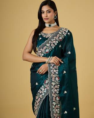 teal color smart tissue fabric sequins work smart bollywood saree 3