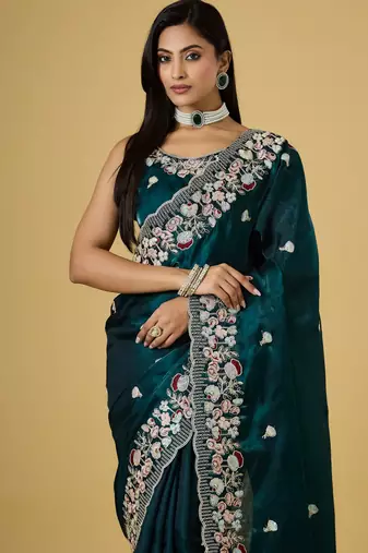 teal color smart tissue fabric sequins work smart bollywood saree