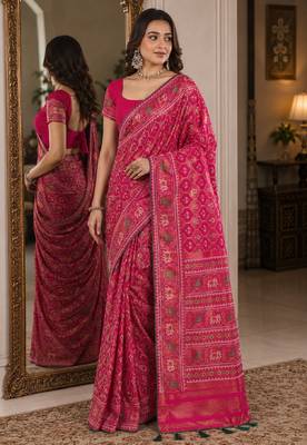 Pink soft silk blend banarasi jacuard work festive saree with unstitched blouse piece 4