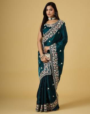 teal color smart tissue fabric sequins work smart bollywood saree 4