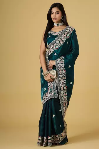 teal color smart tissue fabric sequins work smart bollywood saree