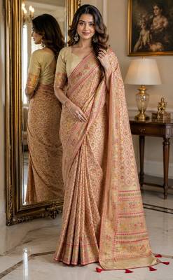 Cream soft silk blend banarasi jacuard work festive saree with unstitched blouse piece 1