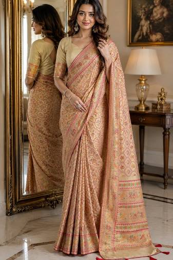 Cream soft silk blend banarasi jacuard work festive saree with unstitched blouse piece