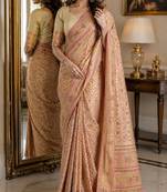 Cream soft silk blend banarasi jacuard work festive saree with unstitched blouse piece
