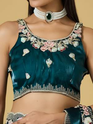 teal color smart tissue fabric sequins work smart bollywood saree 5