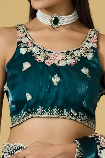 teal color smart tissue fabric sequins work smart bollywood saree