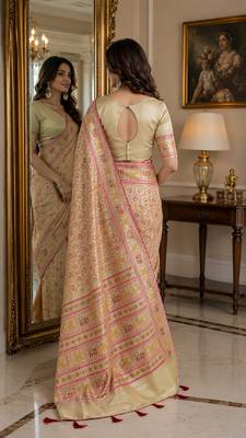 Cream soft silk blend banarasi jacuard work festive saree with unstitched blouse piece 3