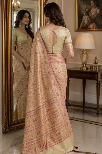 Cream soft silk blend banarasi jacuard work festive saree with unstitched blouse piece
