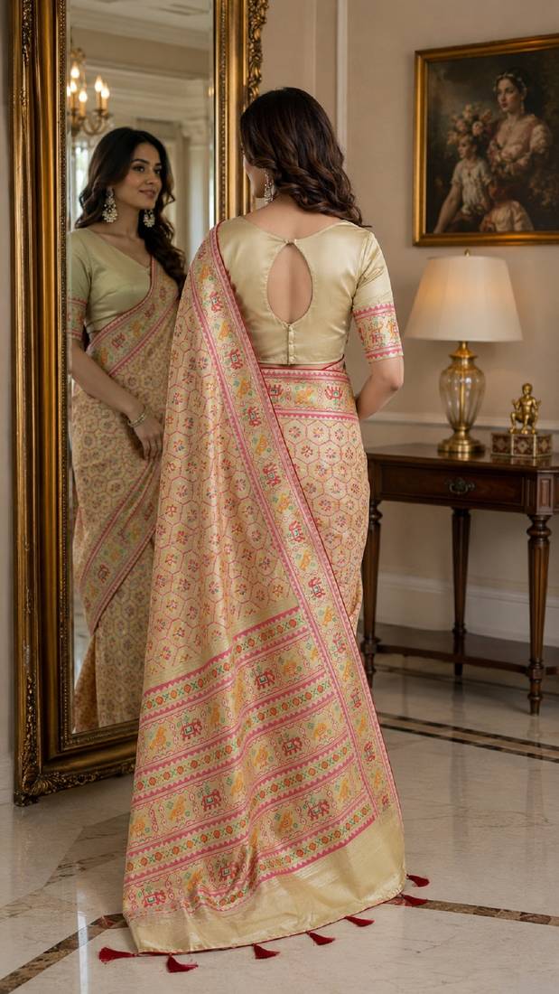 Cream soft silk blend banarasi jacuard work festive saree with unstitched blouse piece