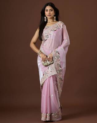 pink color smart tissue fabric sequins work smart bollywood saree 1