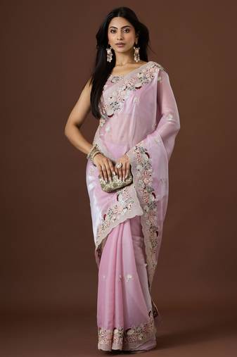 pink color smart tissue fabric sequins work smart bollywood saree