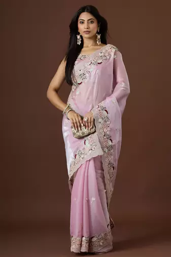 pink color smart tissue fabric sequins work smart bollywood saree