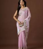 pink color smart tissue fabric sequins work smart bollywood saree