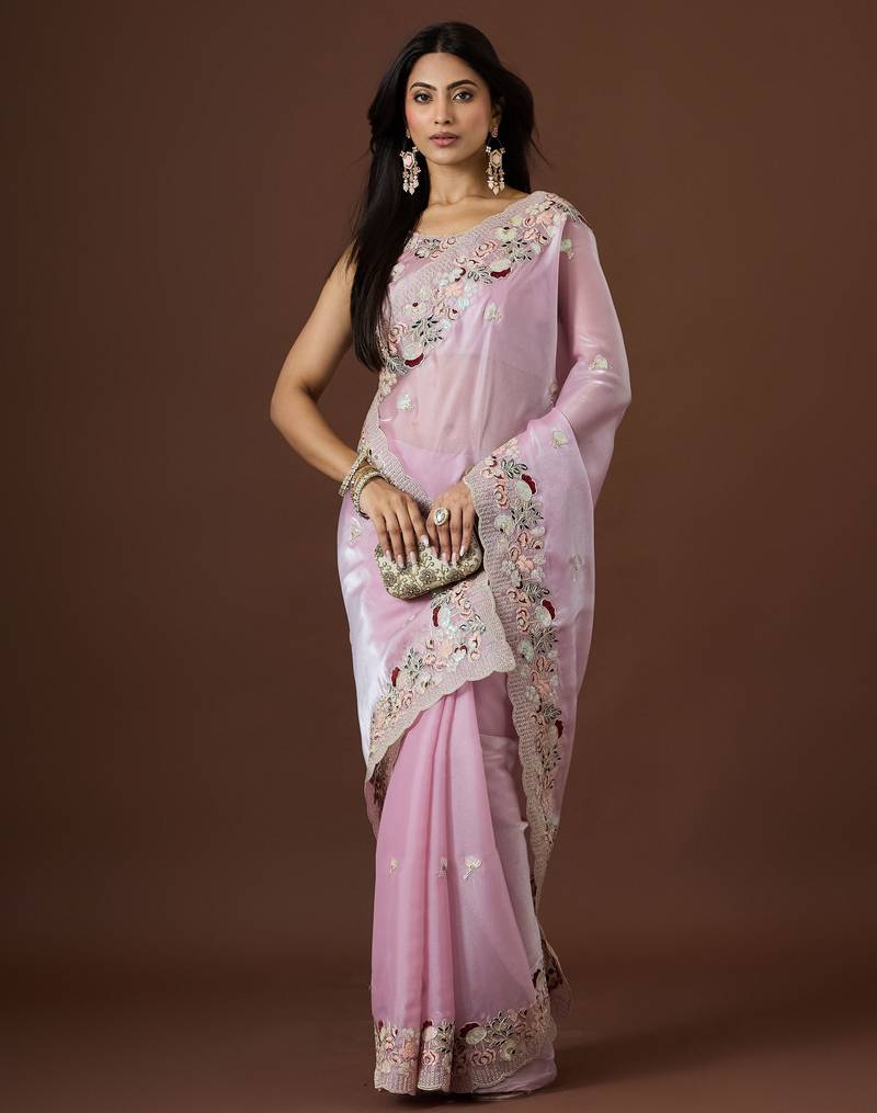pink color smart tissue fabric sequins work smart bollywood saree