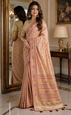 Cream soft silk blend banarasi jacuard work festive saree with unstitched blouse piece 4