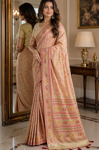 Cream soft silk blend banarasi jacuard work festive saree with unstitched blouse piece