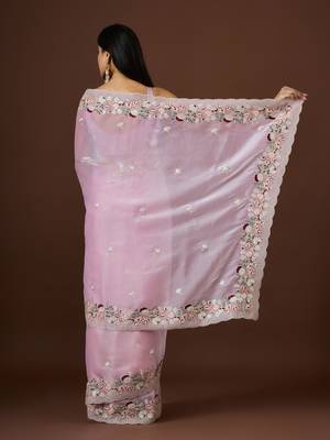 pink color smart tissue fabric sequins work smart bollywood saree 2