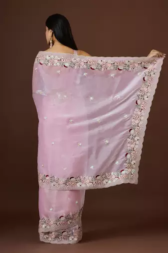 pink color smart tissue fabric sequins work smart bollywood saree