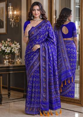 Royal blue soft silk blend banarasi jacuard work festive saree with unstitched blouse piece 1