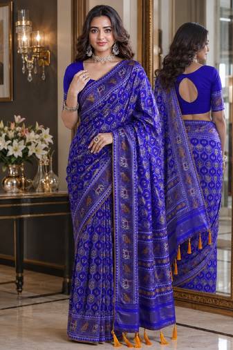 Royal blue soft silk blend banarasi jacuard work festive saree with unstitched blouse piece