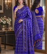 Royal blue soft silk blend banarasi jacuard work festive saree with unstitched blouse piece
